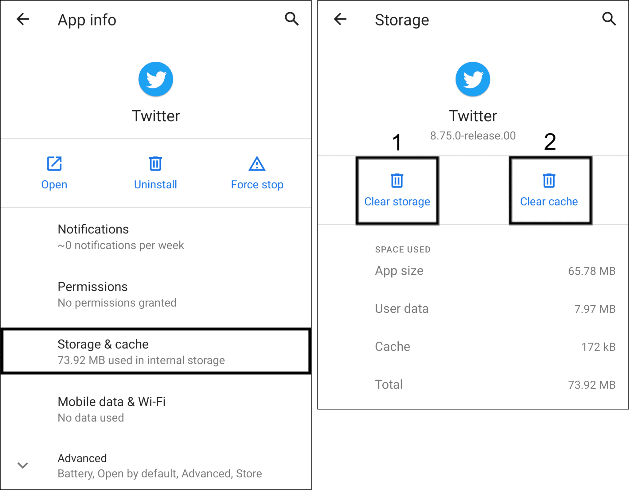 clear twitter app cache and data to fix twitter notifications not working